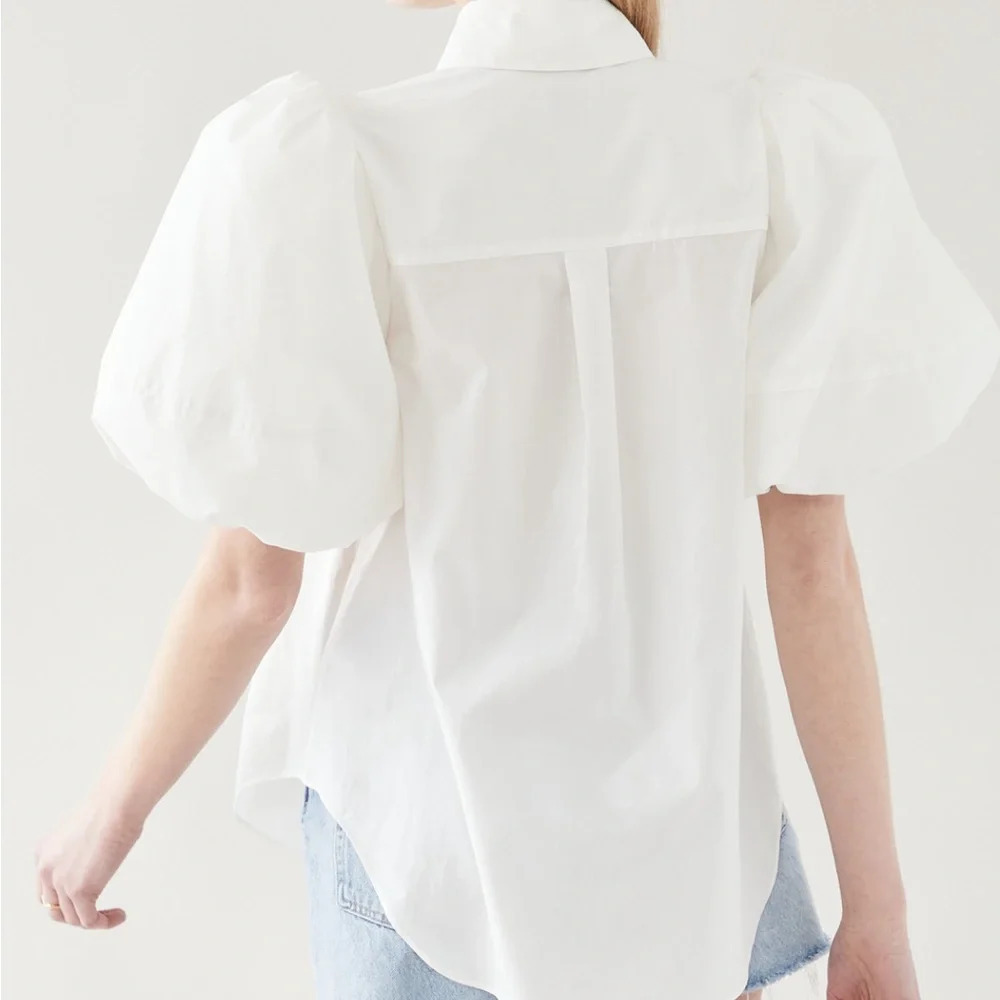 NWOT. Aje shirt with puff sleeves, collared neck, gold tone button. Never worn. - Picture 4 of 8